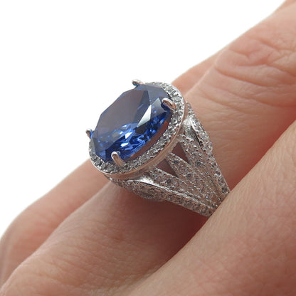 DSMK 925 Sterling Silver White Round-Cut Blue Oval-Cut Shaped C Z Ring Size 7.25