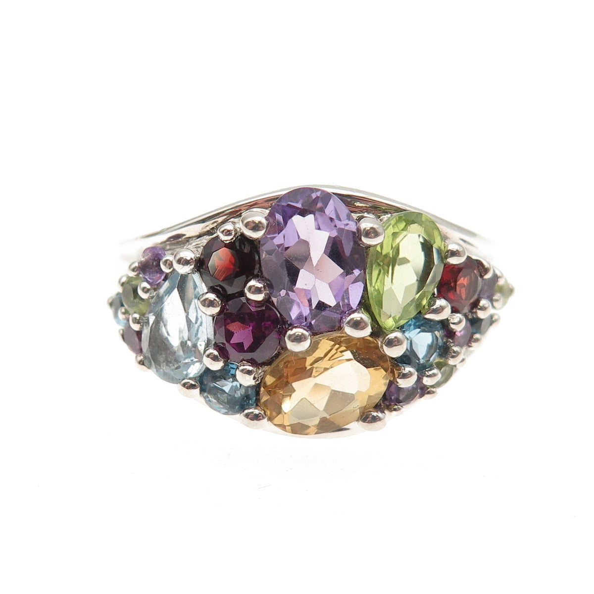 Sterling Vintage Topaz Amethyst Garnet Peridot Citrine Tourmaline Ring Size 8.25