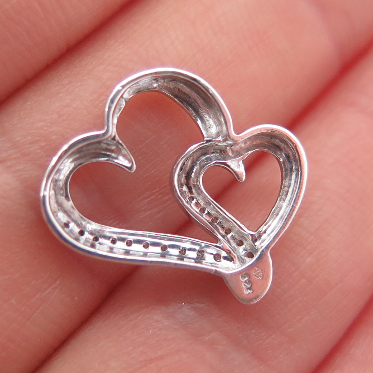 925 Sterling Silver Real Round-Cut Diamond Double Heart Mini Slide Charm Pendant