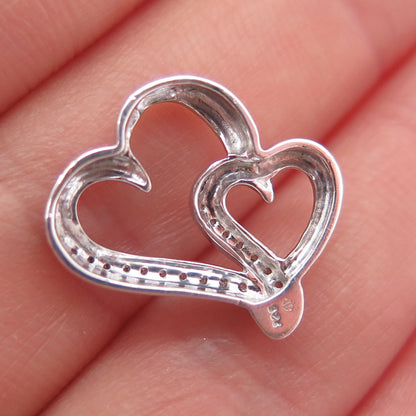 925 Sterling Silver Real Round-Cut Diamond Double Heart Mini Slide Charm Pendant