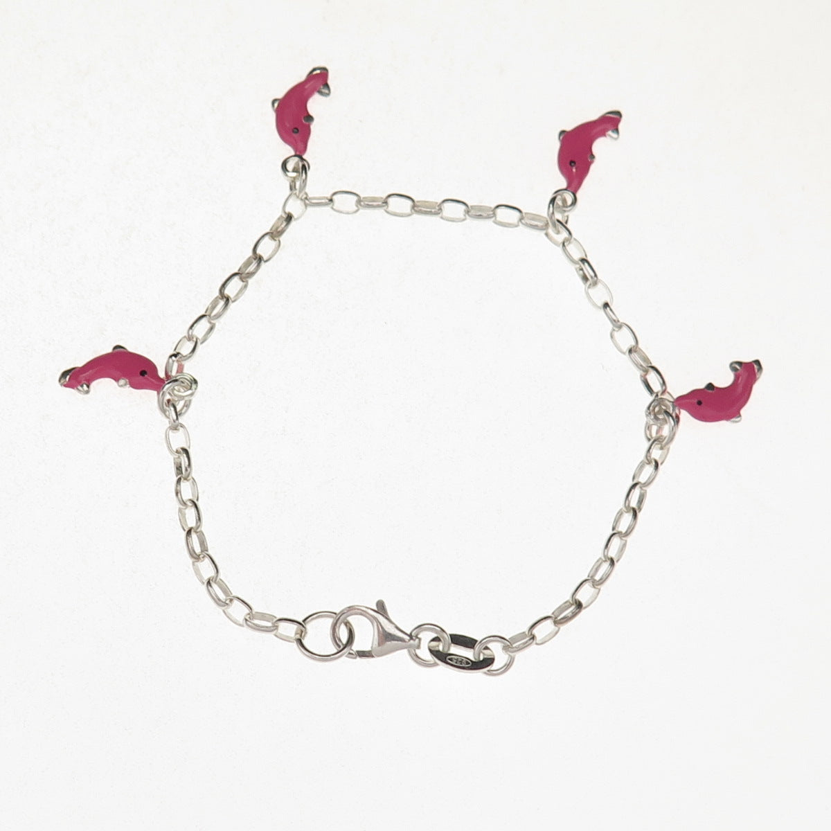 925 Sterling Silver Enamel Dolphin Dangle Charm Cable Link Bracelet 6"