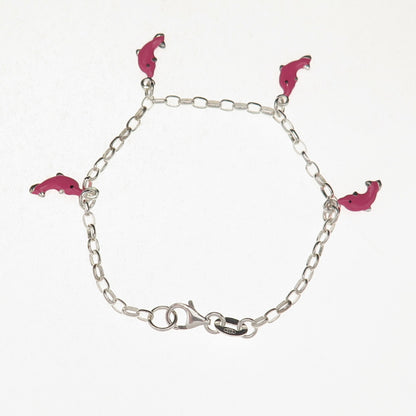 925 Sterling Silver Enamel Dolphin Dangle Charm Cable Link Bracelet 6"