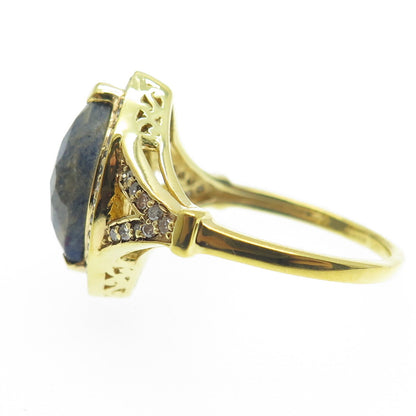 925 Sterling Silver Gold Plated Real Diamond & Picture Sapphire Gem Ring Size 8