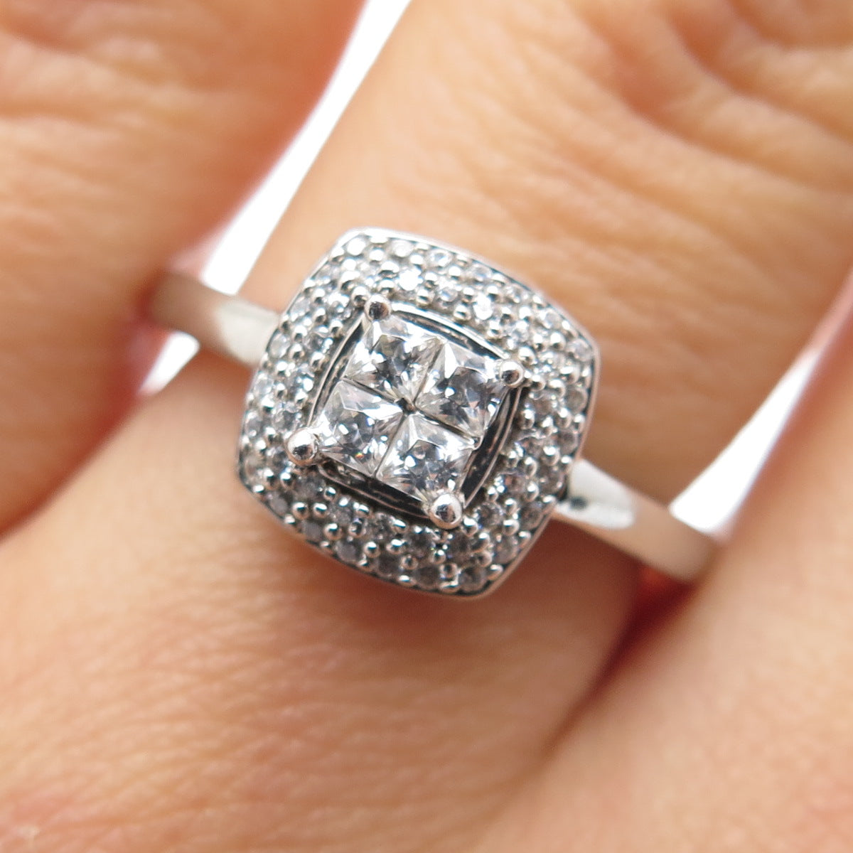 925 Sterling Silver Princess & Round-Cut C Z Engagement Ring Size 6.75