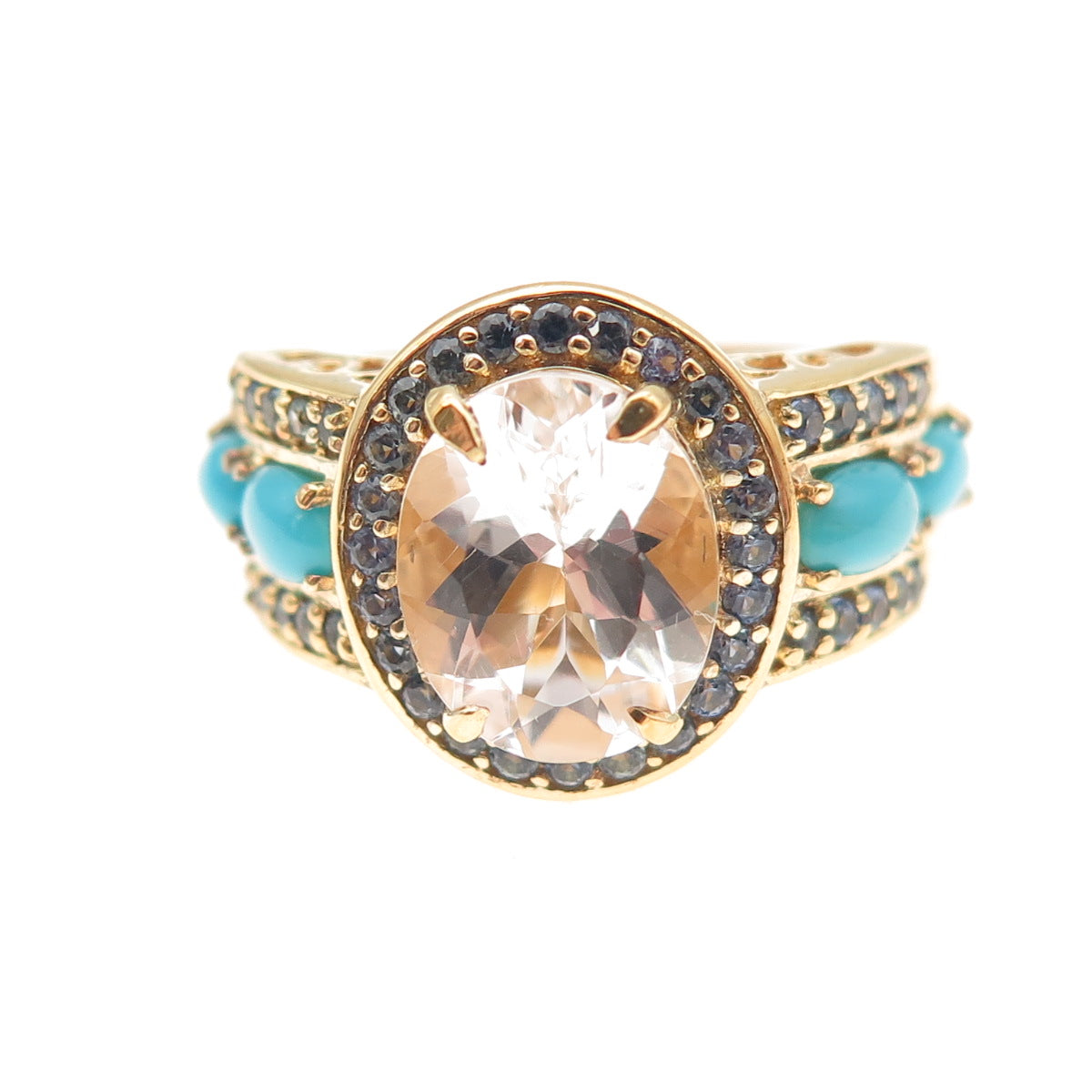 925 Sterling Silver Gold Plated Real Morganite Turquoise Sapphire Ring Size 8.25