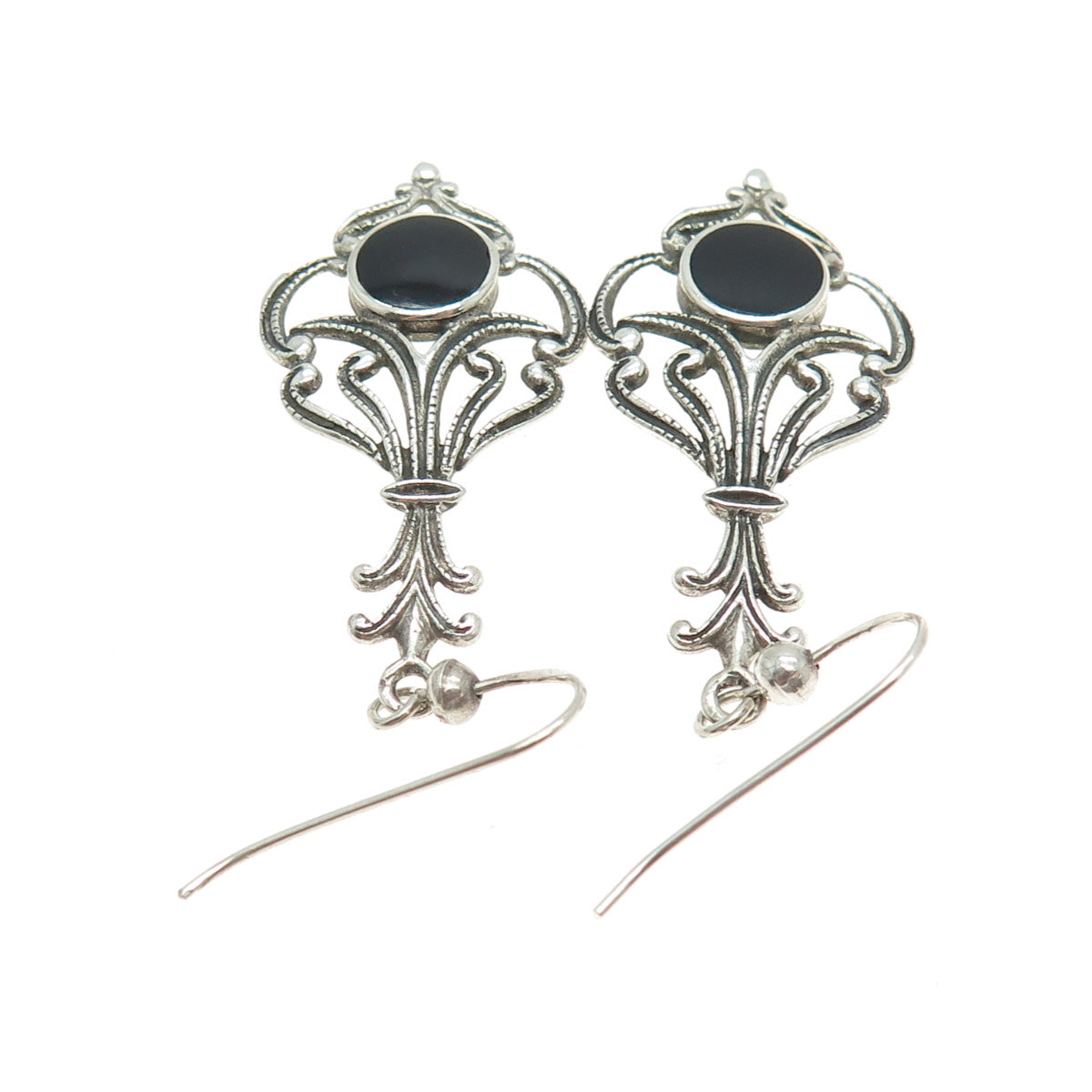 925 Sterling Silver Vintage Real Black Onyx Art Deco Style Dangle Earrings