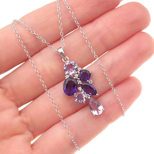 925 Sterling Silver Real Amethyst & C Z Cluster Cable Chain Necklace 18"