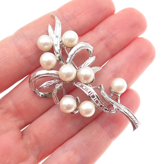 925 Sterling Silver Antique Art Deco Real Akoya Pearl Floral Pin Brooch