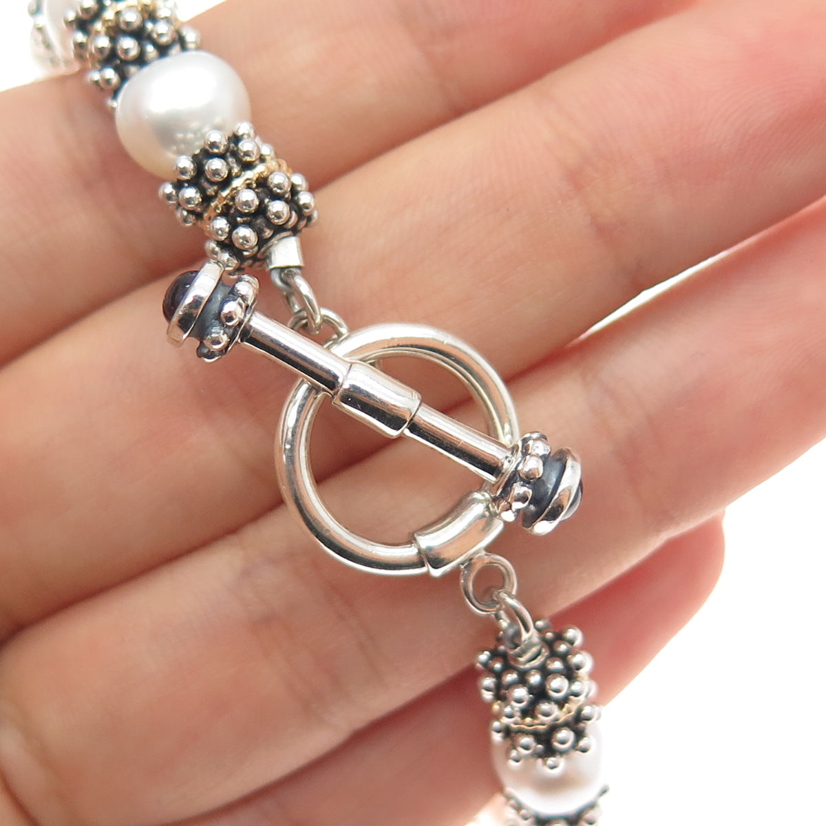 14K Gold 925 Sterling Silver Vintage Real Pearl & Red Garnet Beaded Bracelet 7"