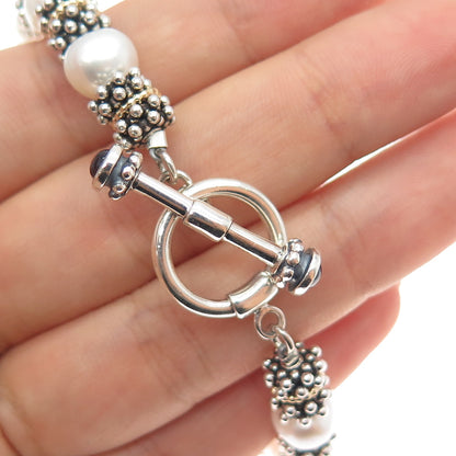 14K Gold 925 Sterling Silver Vintage Real Pearl & Red Garnet Beaded Bracelet 7"