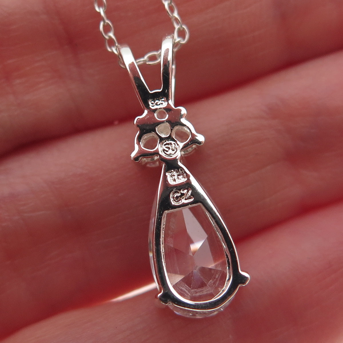 925 Sterling Silver Pear & Round-Cut C Z Cable Chain Necklace 18"