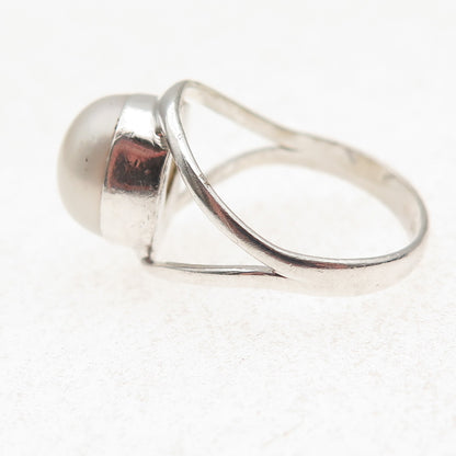 925 Sterling Silver Vintage Real Pearl Modernist Oxidized Ring Size 7