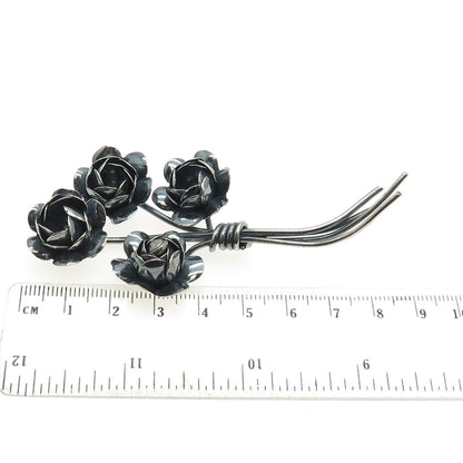 CORO 925 Sterling Silver Antique Art Deco Rose Flower Oxidized Pin Brooch