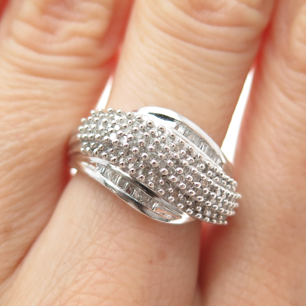 925 Sterling Silver Real Round & Tapered Baguette-Cut Diamond Wavy Ring Size 7