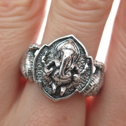 925 Sterling Silver Vintage Jaya Ganesha Elephant Oxidized Ring Size 8.5