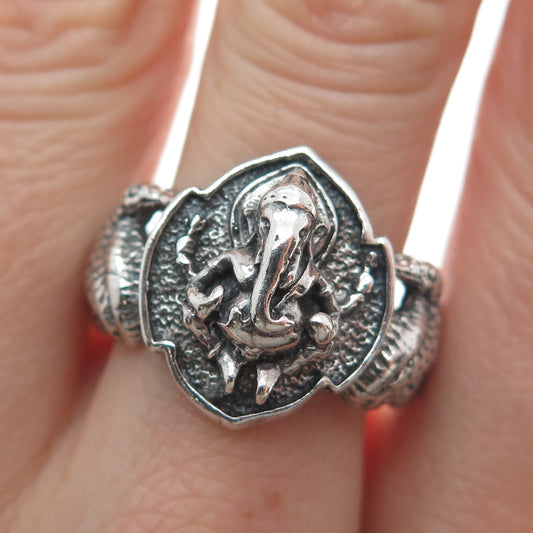 925 Sterling Silver Vintage Jaya Ganesha Elephant Oxidized Ring Size 8.5