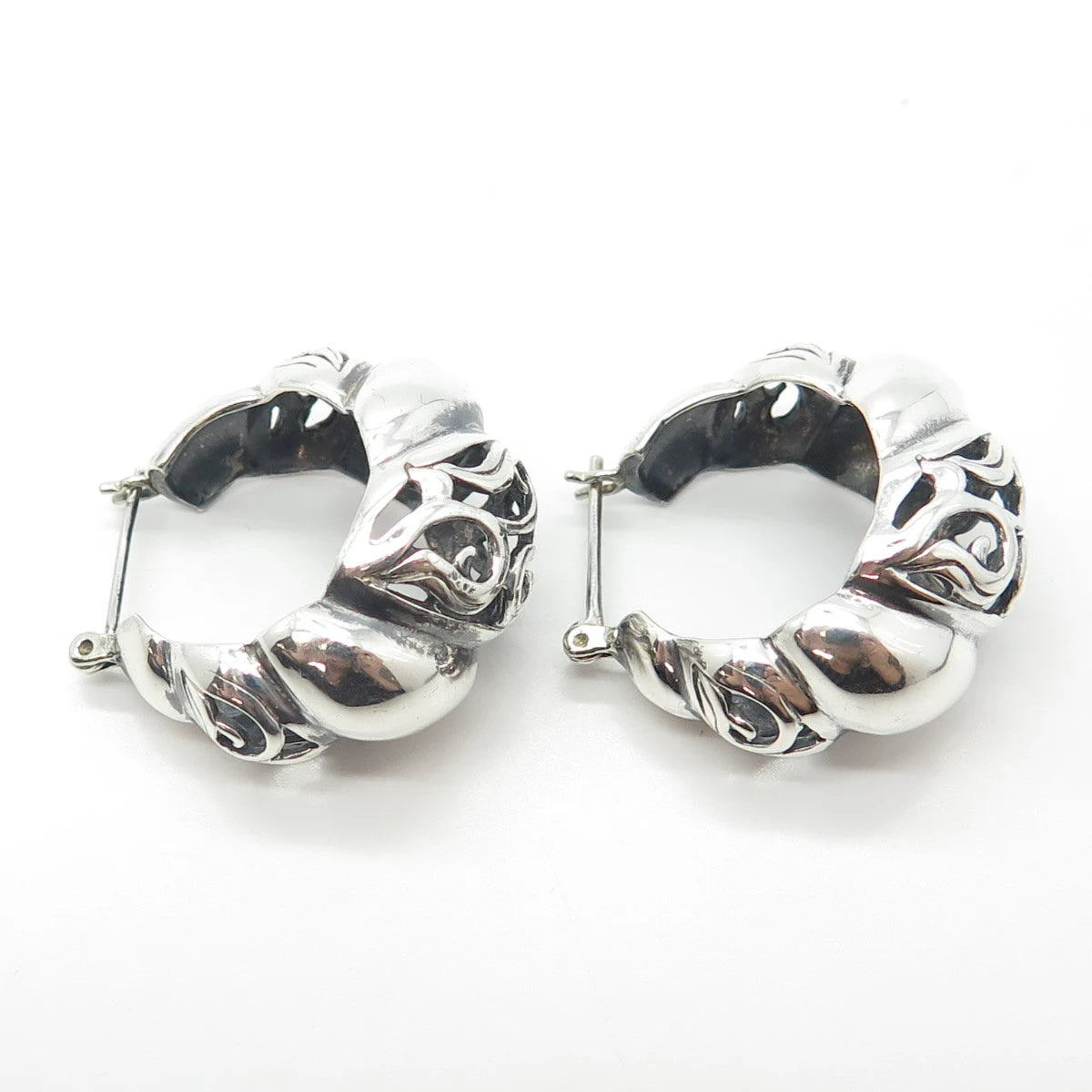 925 Sterling Silver Vintage Ribbed Hinged Hoop Earrings