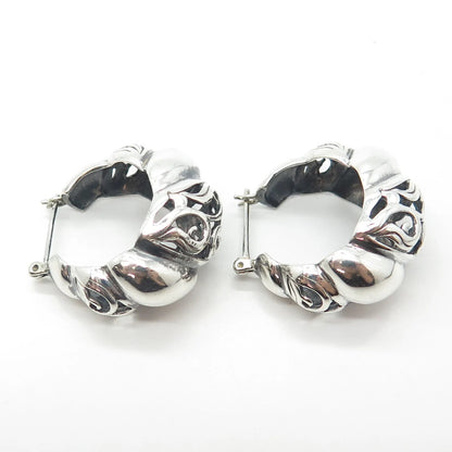 925 Sterling Silver Vintage Ribbed Hinged Hoop Earrings