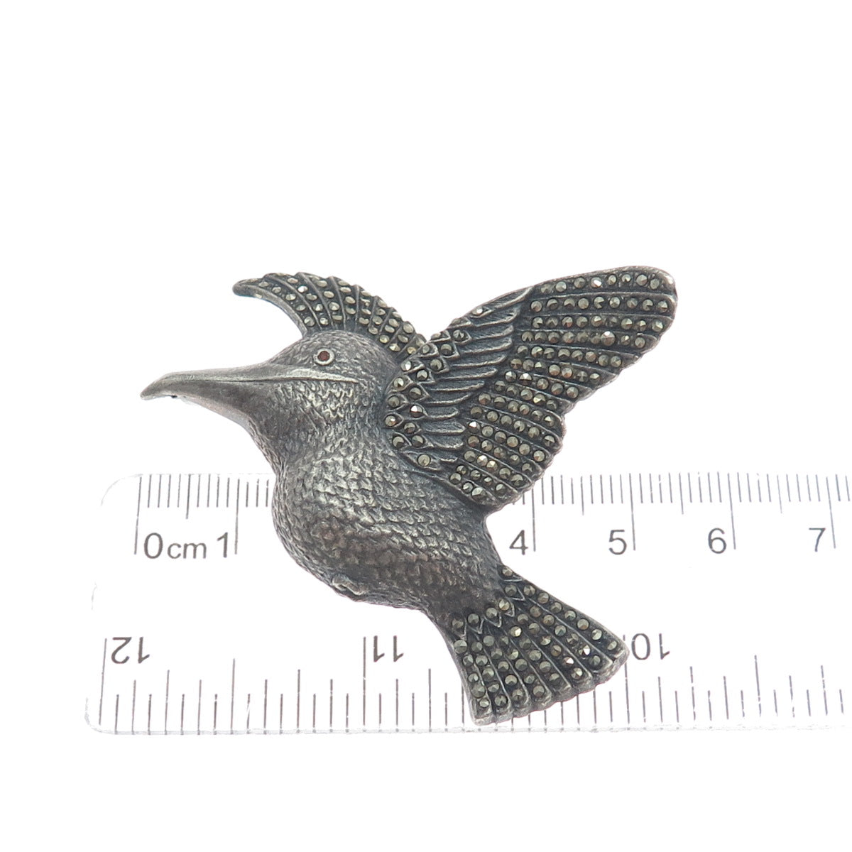 925 Sterling Silver Vintage Amethyst Gem Rhinestone Hummingbird Oxidized Brooch