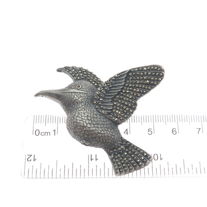 925 Sterling Silver Vintage Amethyst Gem Rhinestone Hummingbird Oxidized Brooch