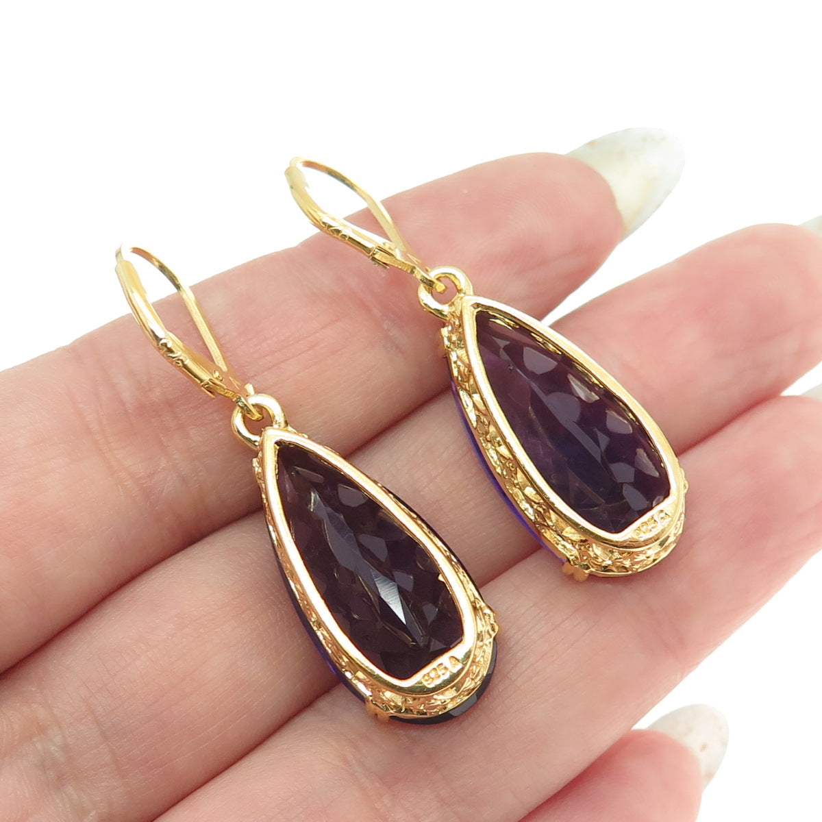 925 Sterling Silver Gold Plated Real Pear-Cut Amethyst Dangling Earrings