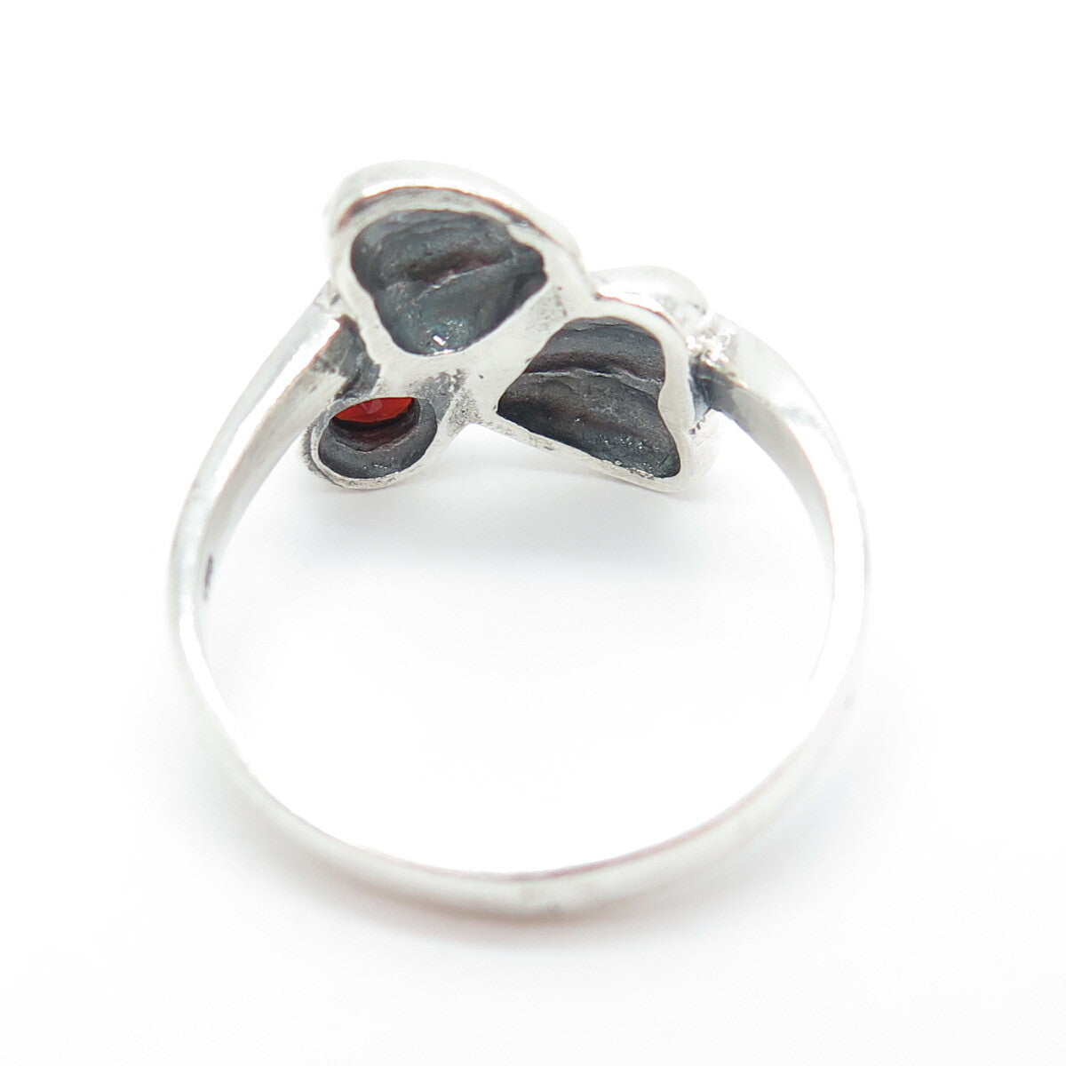 925 Sterling Silver Vintage Real Red Garnet Double Heart Bypass Ring Size 7.5