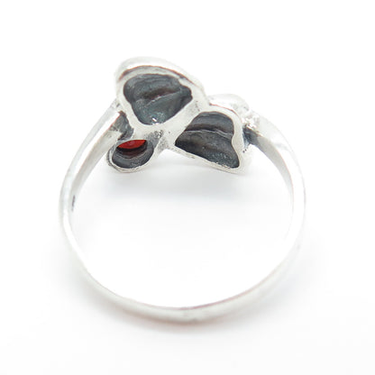 925 Sterling Silver Vintage Real Red Garnet Double Heart Bypass Ring Size 7.5