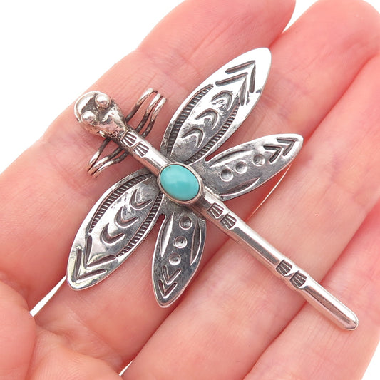 RUF Navajo Old Pawn 925 Sterling Vintage Turquoise Dragonfly Oxidized Pin Brooch