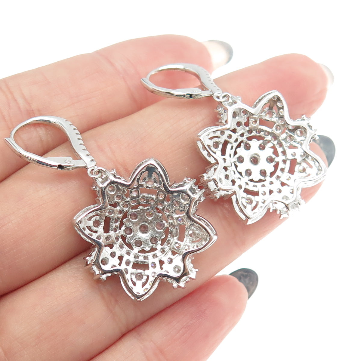 925 Sterling Silver Pave C Z Floral Dangling Earrings