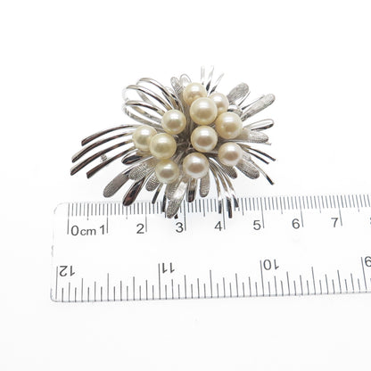 925 Sterling Silver Vintage Real Pearl Modernist Flower Pin Brooch