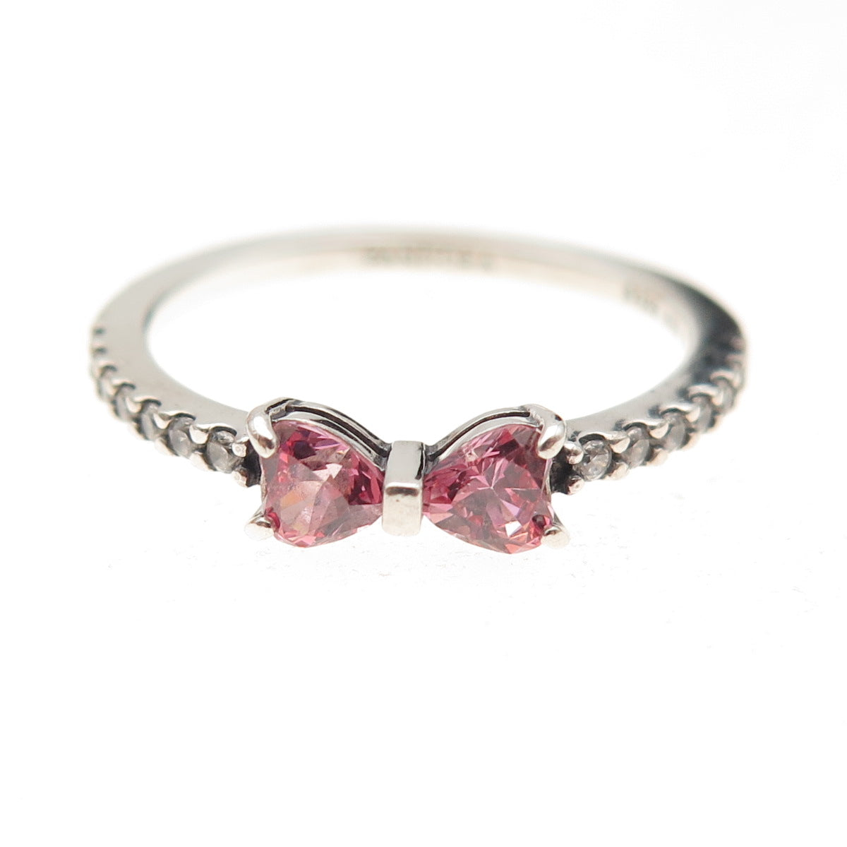 Pandora 925 Sterling Silver C Z Sparkling Pink Bow Ring Size 7.75
