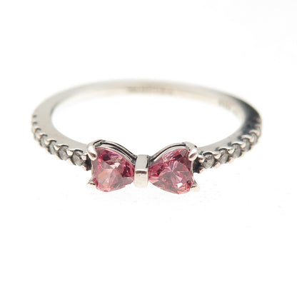 Pandora 925 Sterling Silver C Z Sparkling Pink Bow Ring Size 7.75