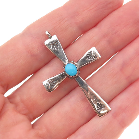 Old Pawn 925 Sterling Silver Vintage Southwestern Turquoise Cross Tribal Pendant