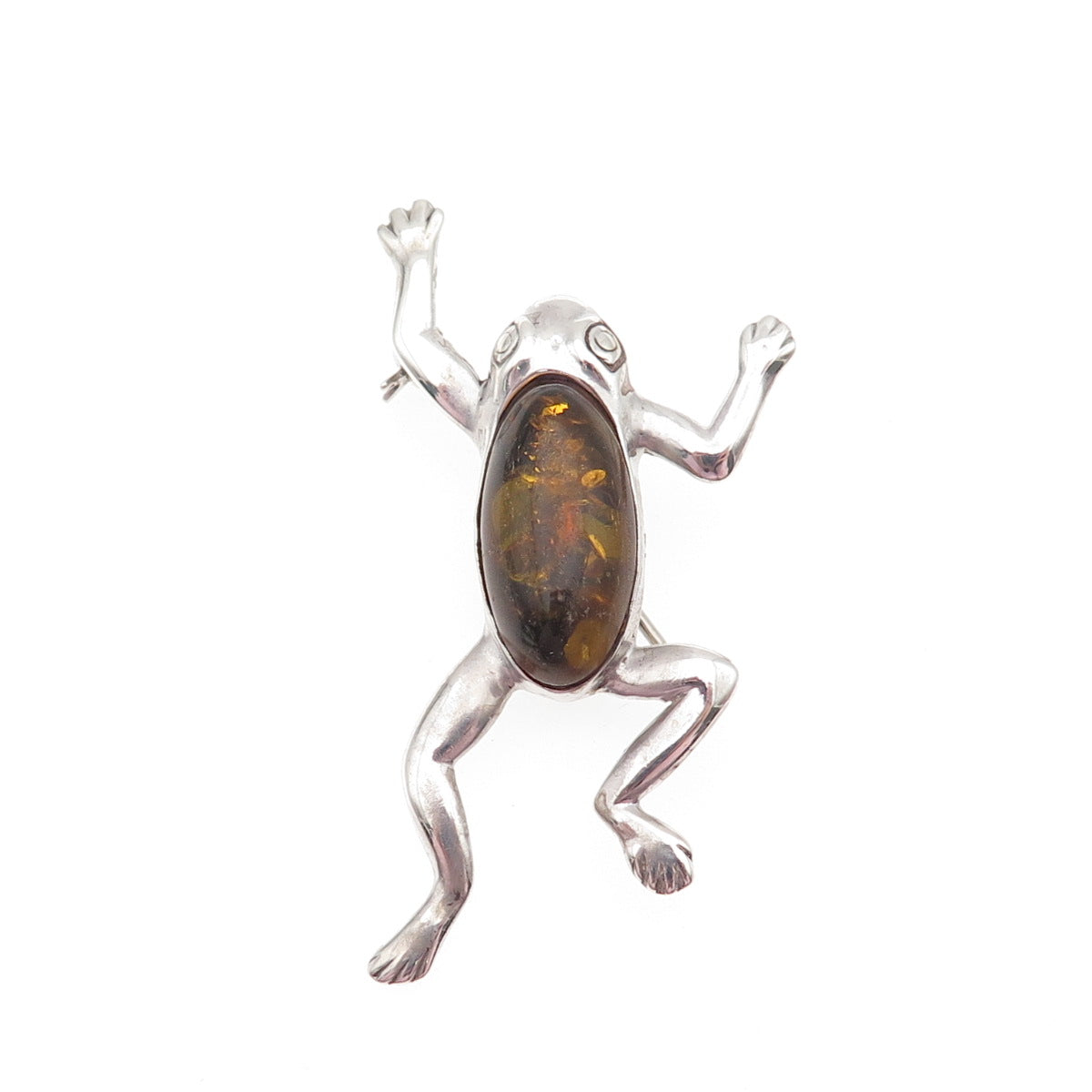 925 Sterling Silver Vintage Real Amber Frog For Good Luck Pin Brooch