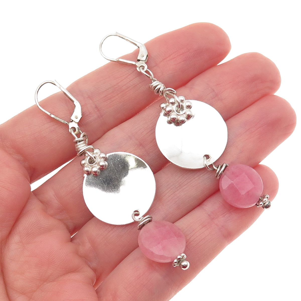 925 Sterling Silver Vintage Real Pink Agate Modernist Disc Dangle Earrings