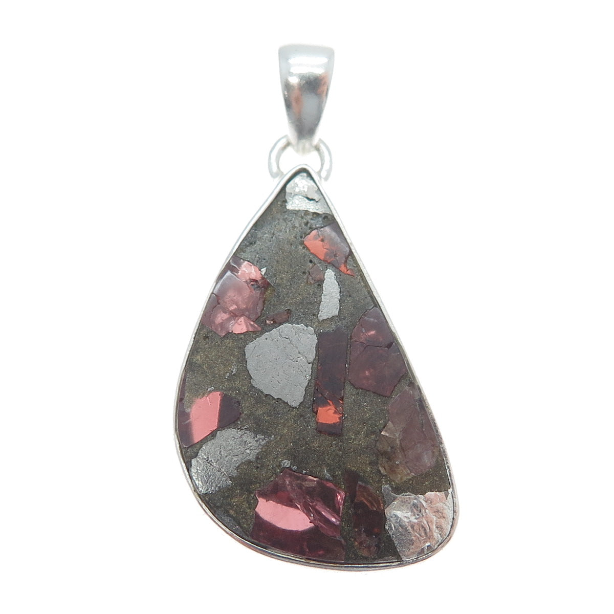 925 Sterling Vintage Real Pyrite Tourmaline & Red Garnet Inlay Modernist Pendant