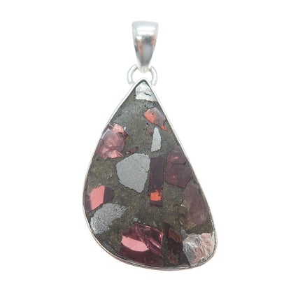925 Sterling Vintage Real Pyrite Tourmaline & Red Garnet Inlay Modernist Pendant