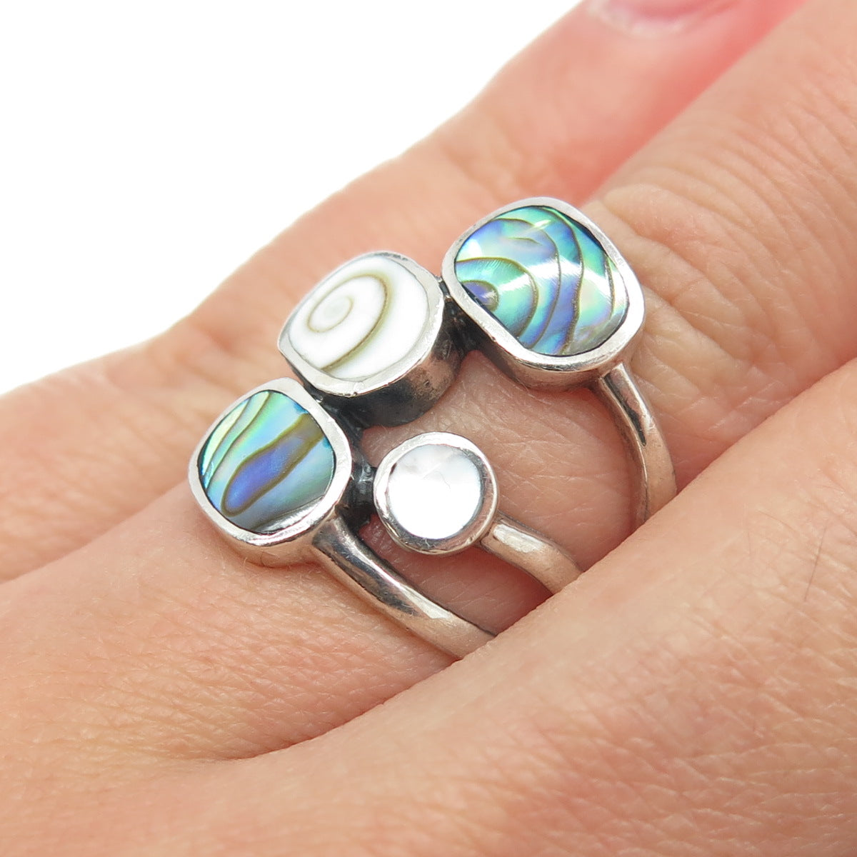 925 Sterling Silver Vintage Real Abalone Shell & MOP Modernist Ring Size 6.75