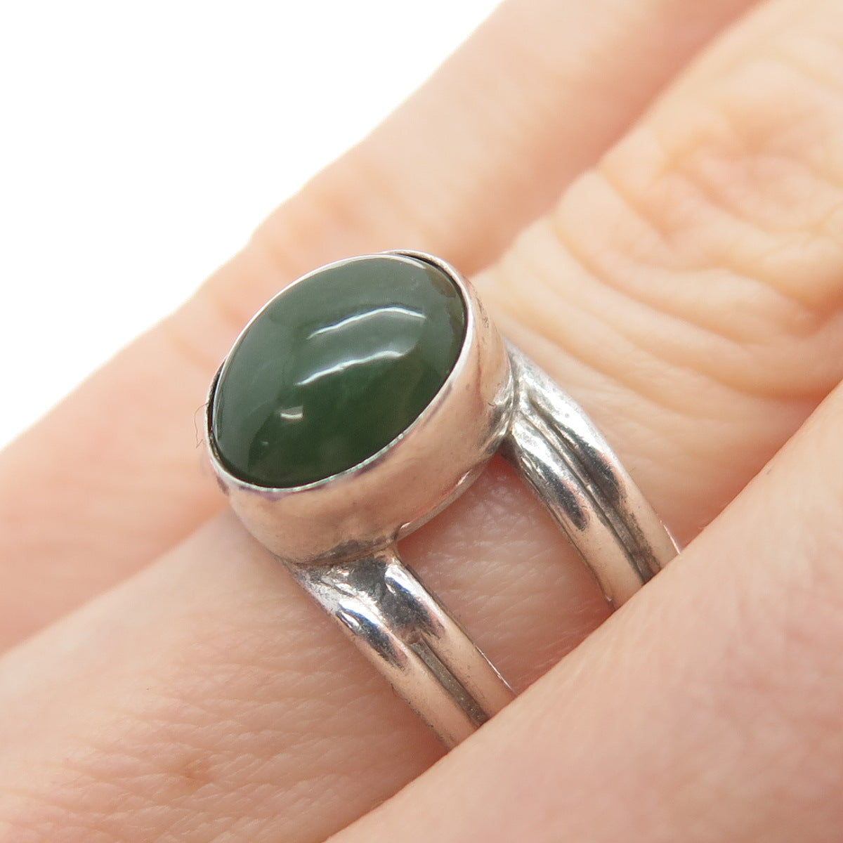 925 Sterling Silver Vintage Real Jade Modernist Ring Size 4.5