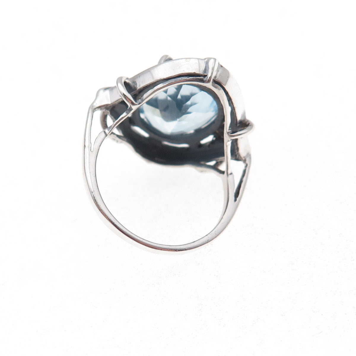 925 Sterling Silver Vintage Real Blue Topaz Modernist Oxidized Ring Size 7.5