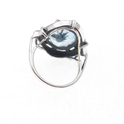 925 Sterling Silver Vintage Real Blue Topaz Modernist Oxidized Ring Size 7.5