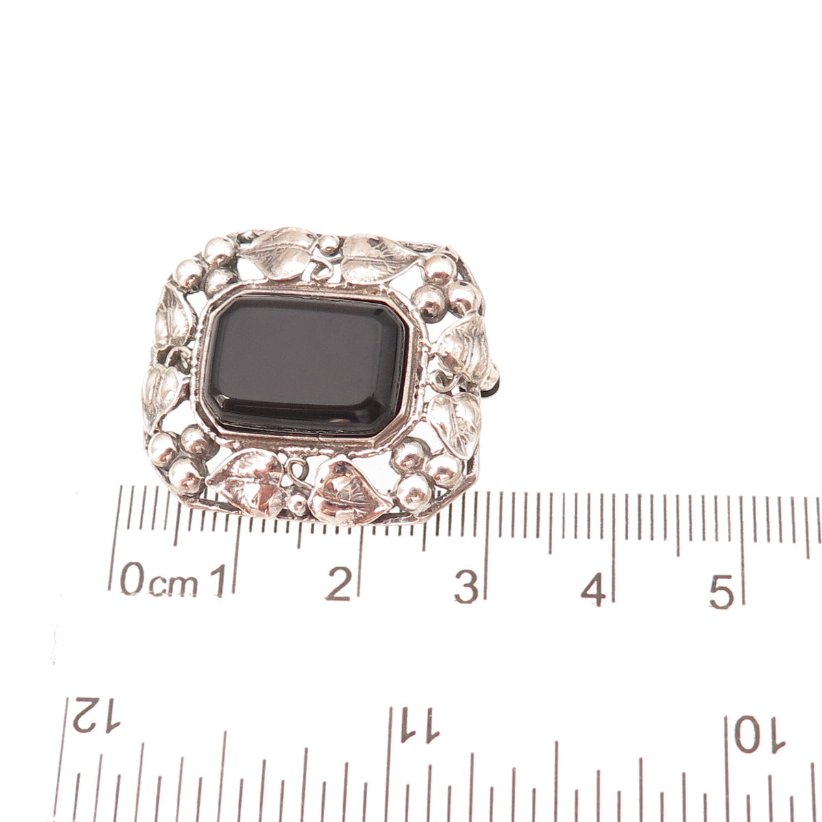 925 Sterling Silver Vintage Real Black Onyx Floral Oxidized Pin Brooch