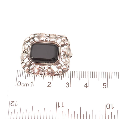 925 Sterling Silver Vintage Real Black Onyx Floral Oxidized Pin Brooch