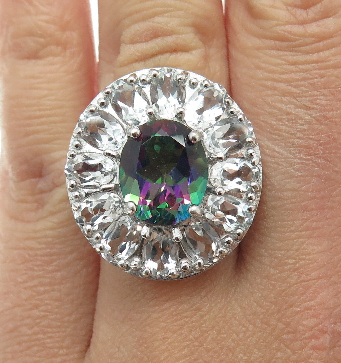 925 Sterling Silver Real Oval-Cut Mystic & White Topaz Ring Size 6.25