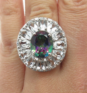 925 Sterling Silver Real Oval-Cut Mystic & White Topaz Ring Size 6.25