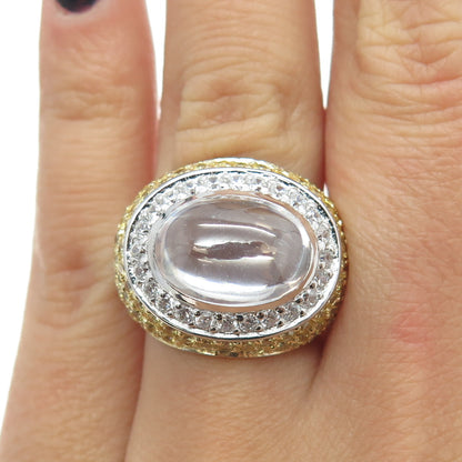 925 Sterling Silver Clear Quartz Canary & White C Z Dome Ring Size 6