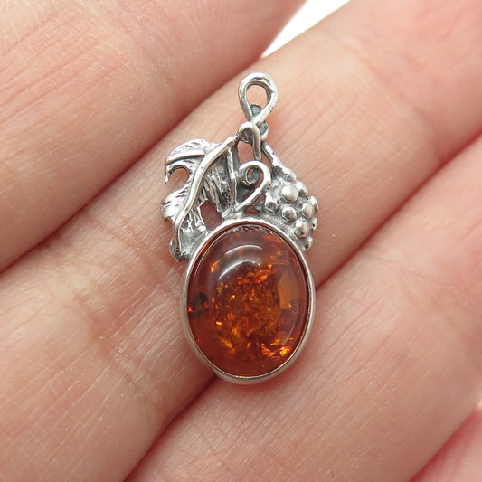 925 Sterling Silver Vintage Real Amber Grape Minimalist Charm Pendant