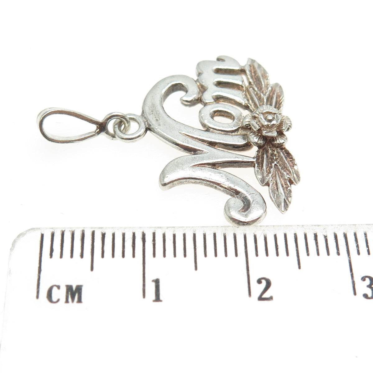 925 Sterling Silver Vintage "MOM" Rose Floral Charm Pendant