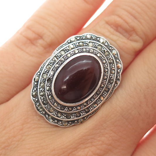 925 Sterling Silver Antique Carnelian Marcasite Ring Size 5.75 (missing 1 stone)