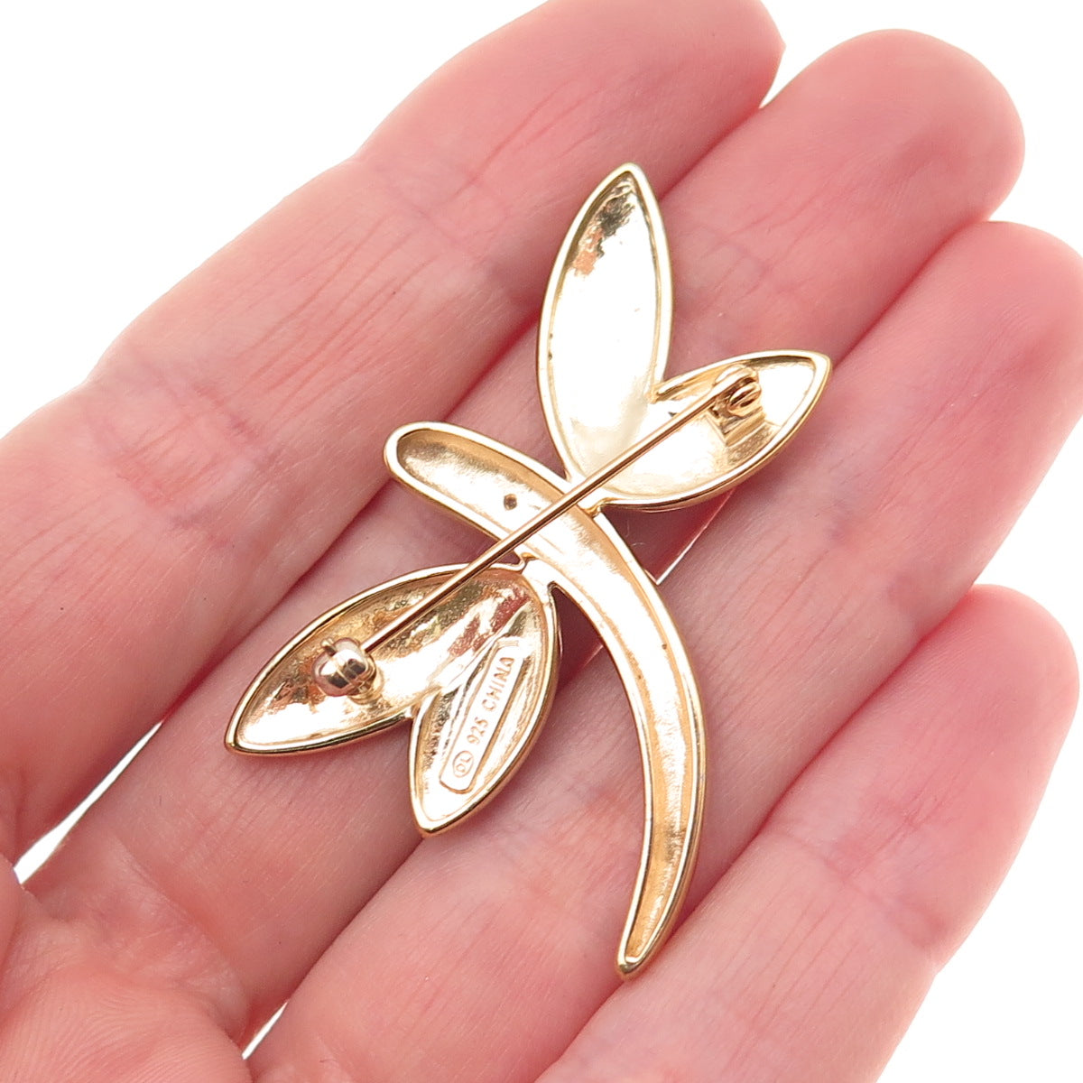 925 Sterling Silver Gold Plated Real Diamond Accent Dragonfly Pin Brooch